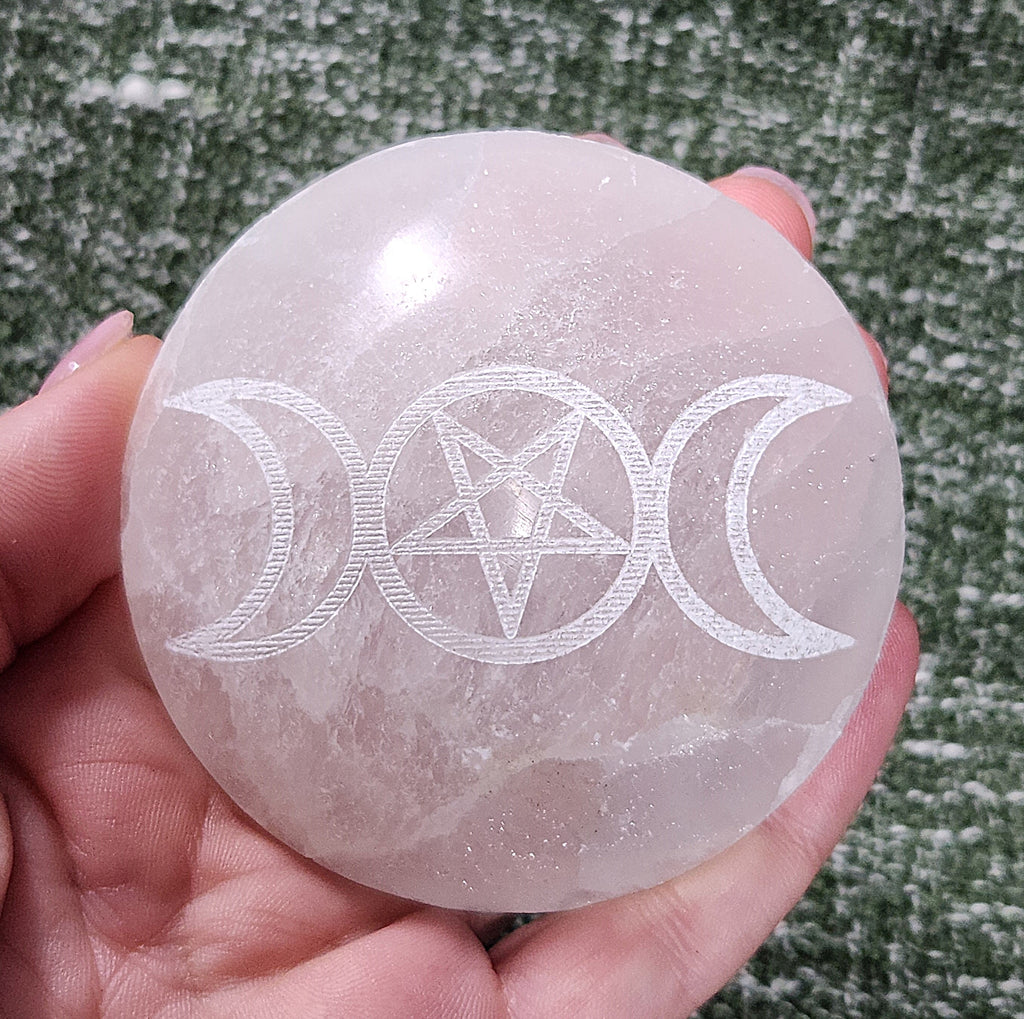 Selenite Palm Stone - Star & Moon